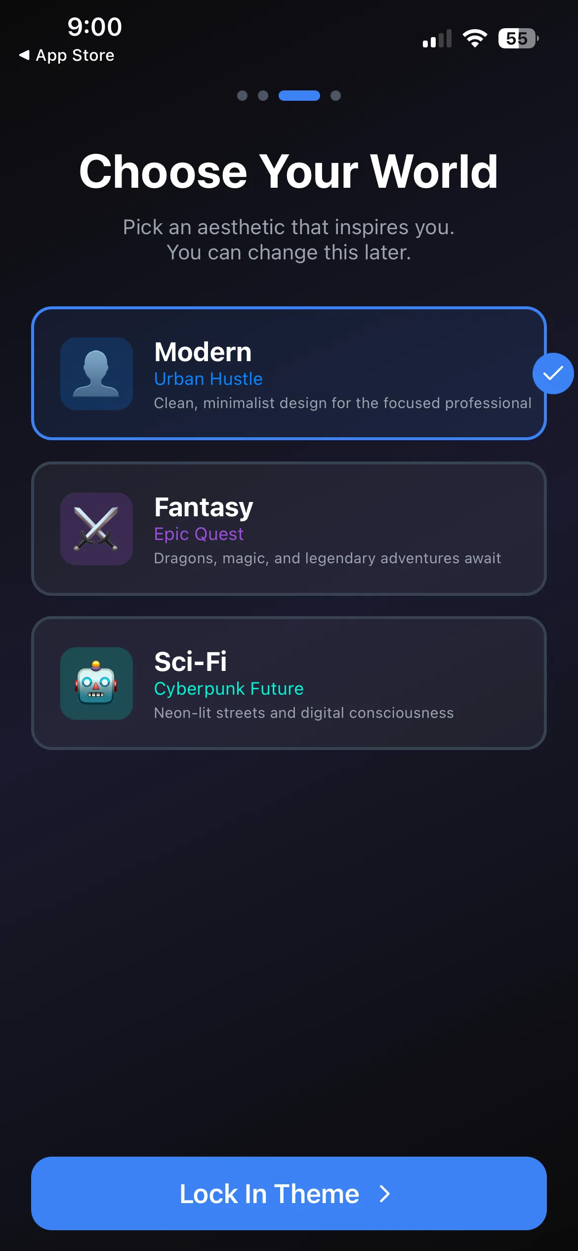 Theme selection showing Modern Minimal, Fantasy Epic, and Cyberpunk options
