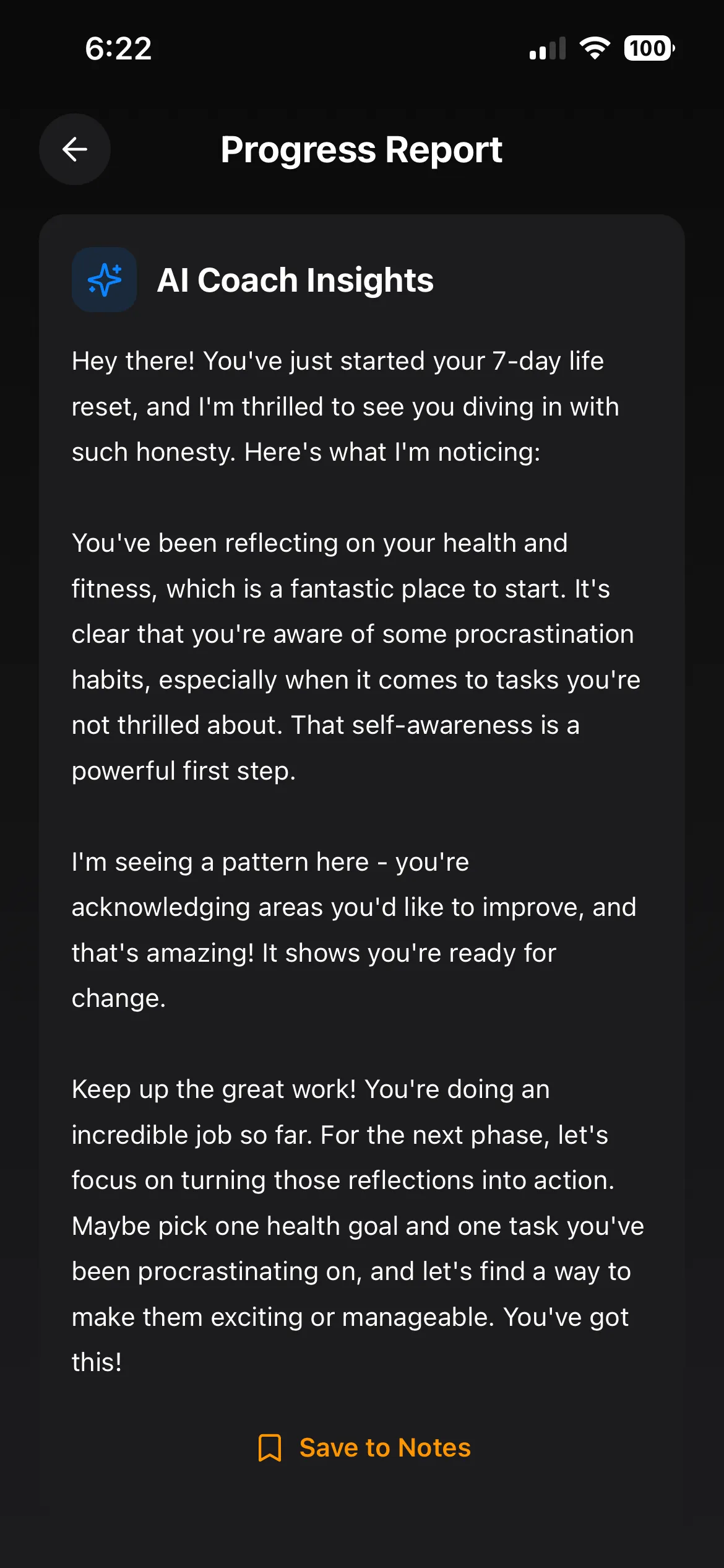 AI Insights screen displaying personalized feedback from the coach
